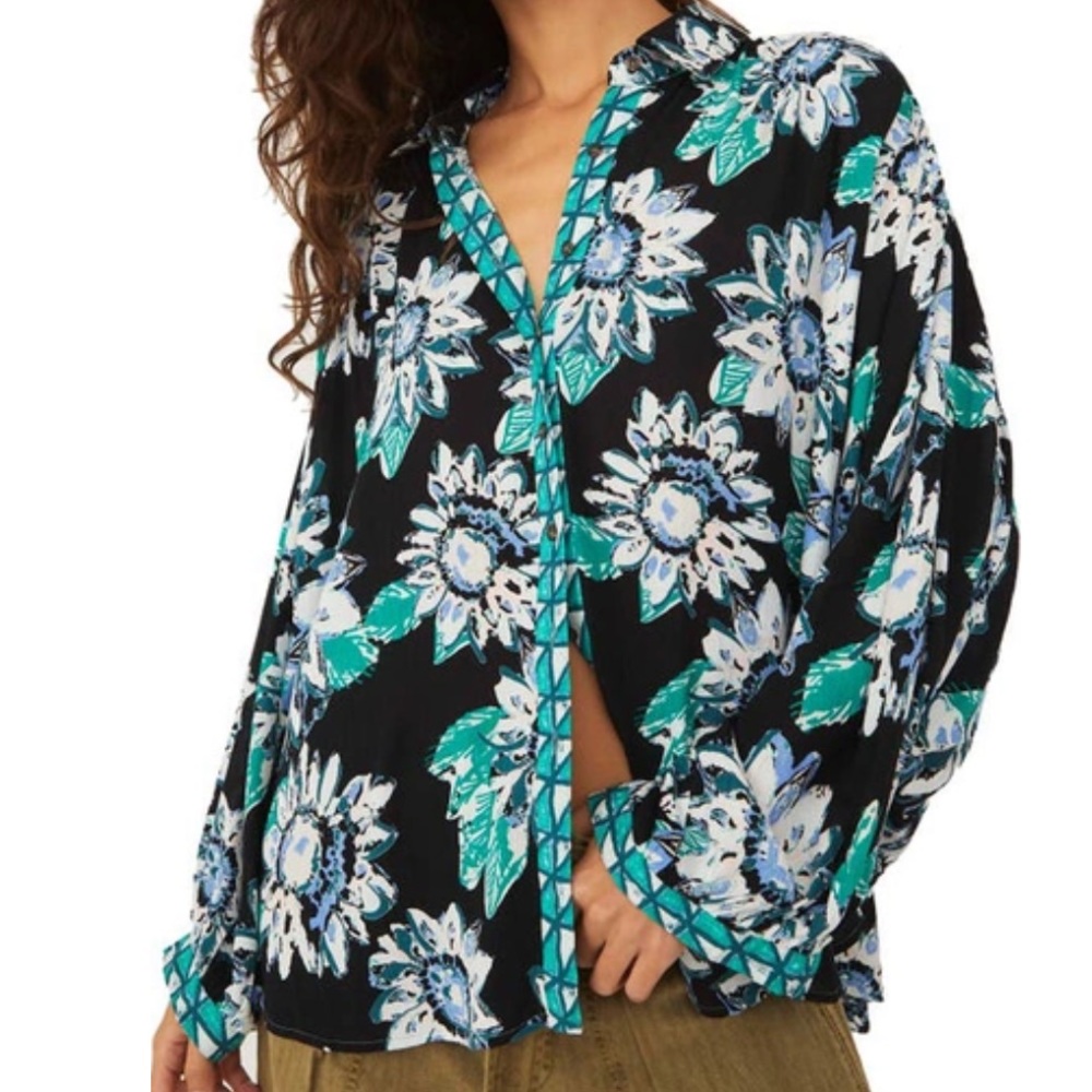 Free People Black and Blue Floral Blouse
